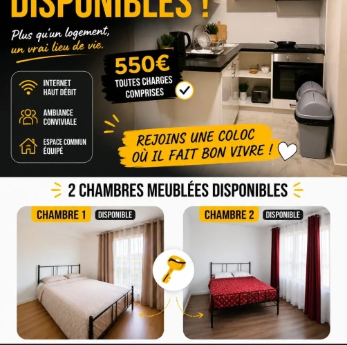 Two furnished rooms for shared accommodation in Cergy
